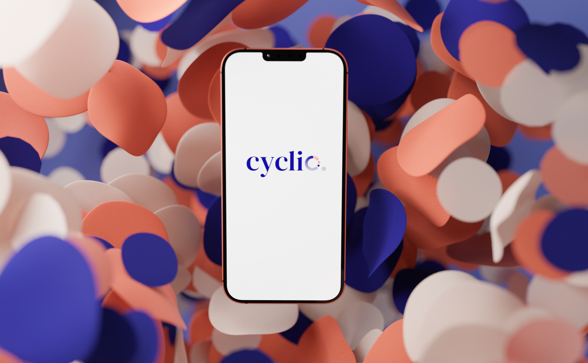 Cyclio phone interface surrounded by colorful 3D shapes