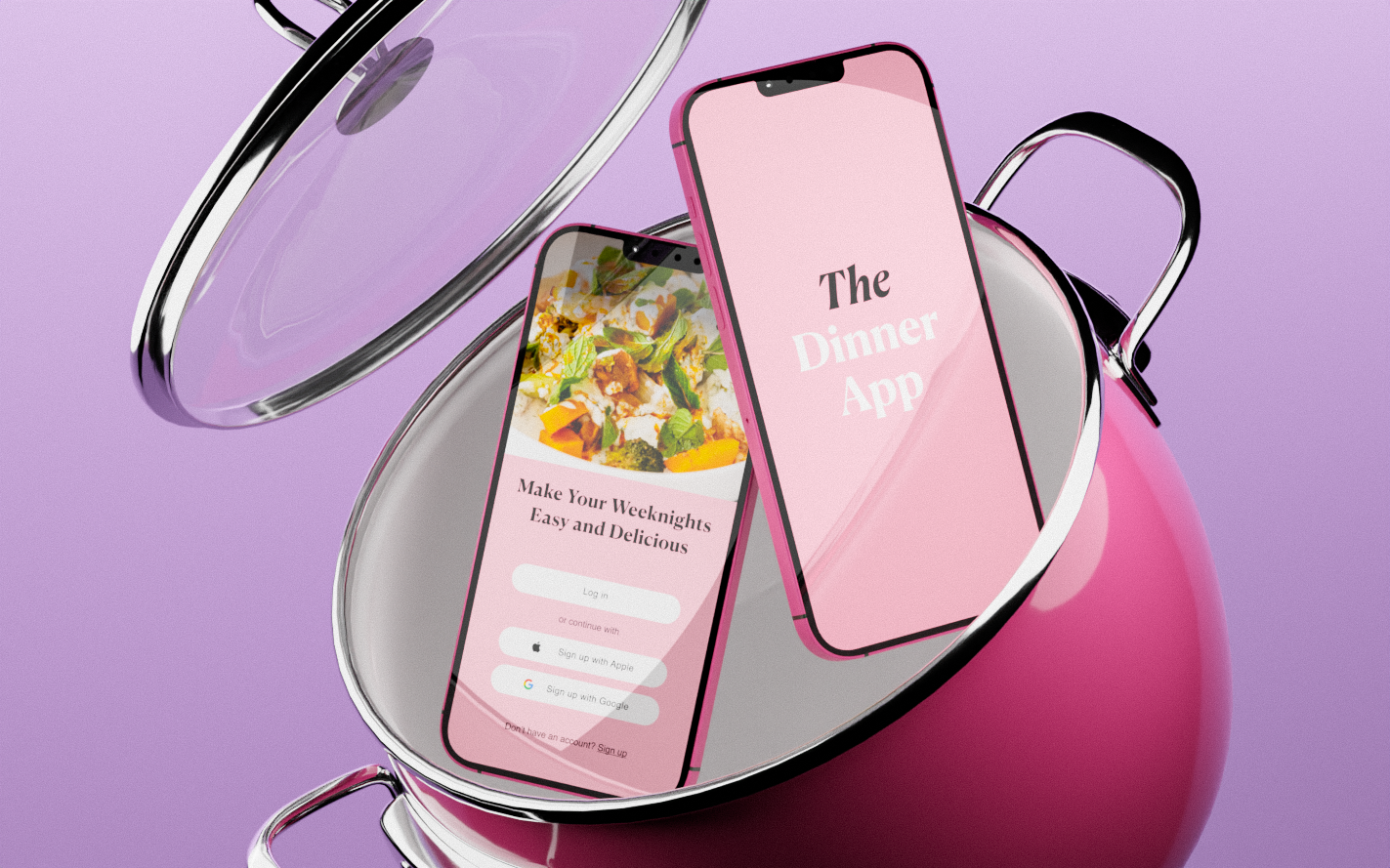 The Dinner App phone interface within a reflective pink 3D scene