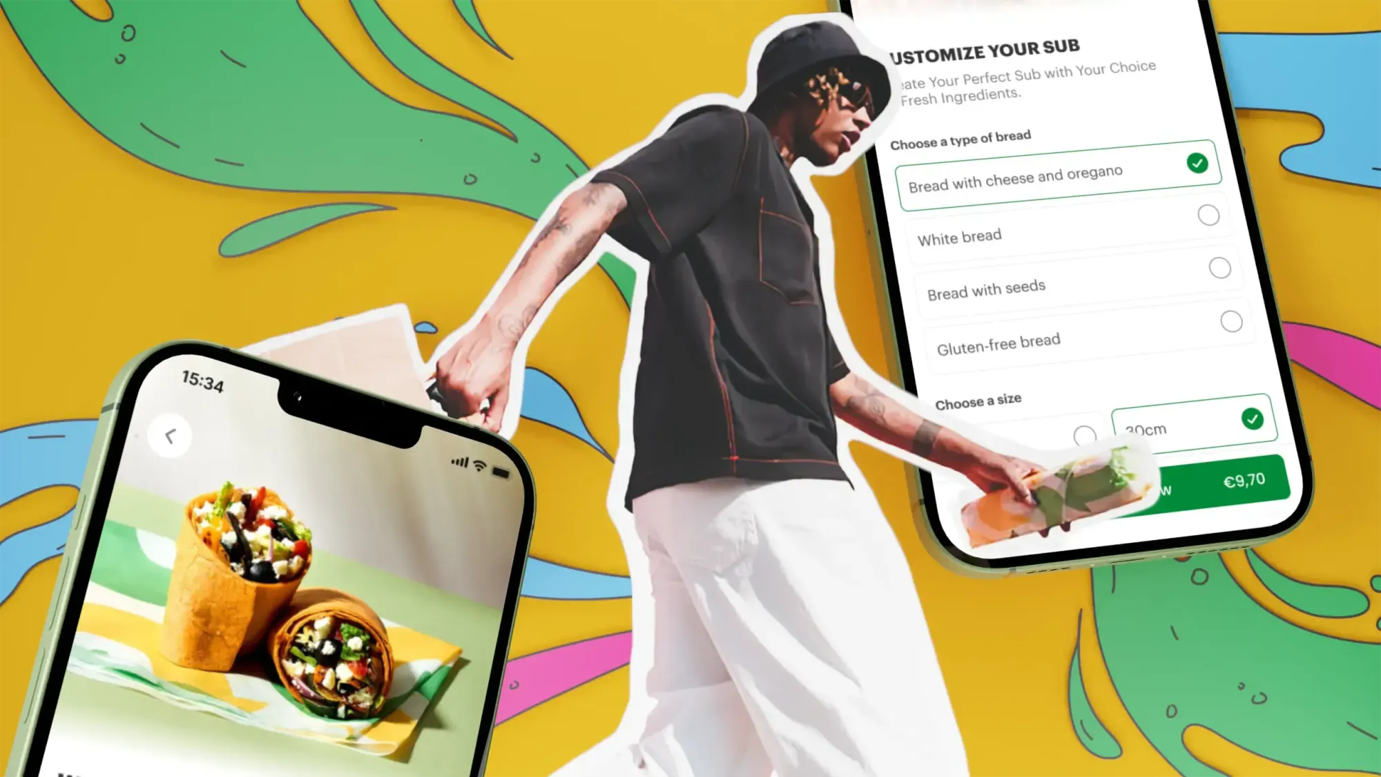 Food ordering phone interface on a yellow campaign background
