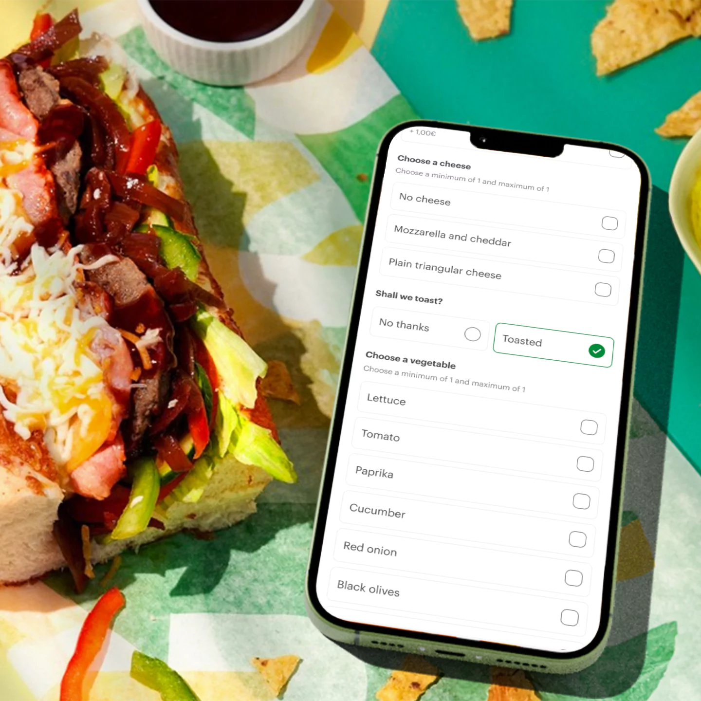 Phone ordering screens alongside a close-up of food
