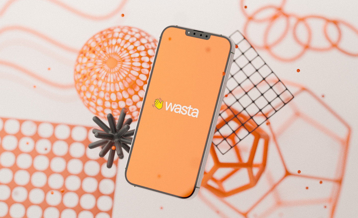 Wasta phone interface with orange sculptural forms