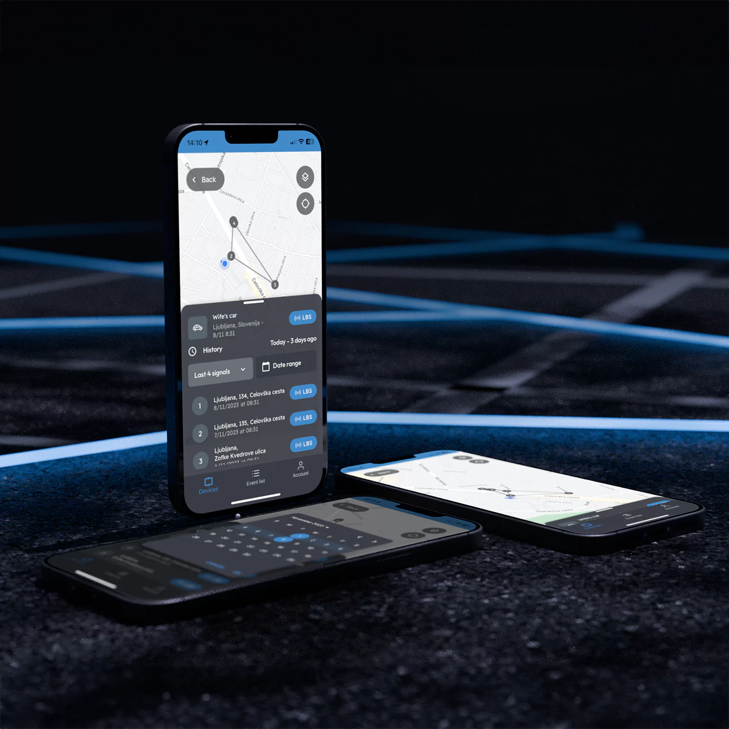 Dark mobile interface shown on several devices