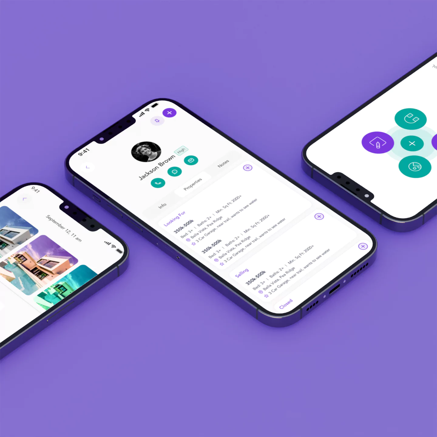 Purple mobile app screens in an angled composition