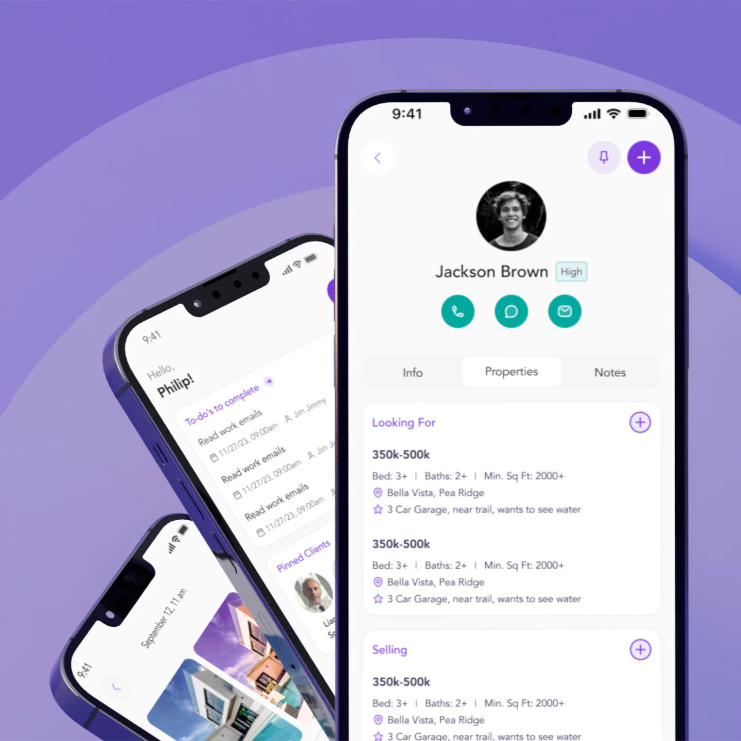 Mobile app profile and activity screens on purple