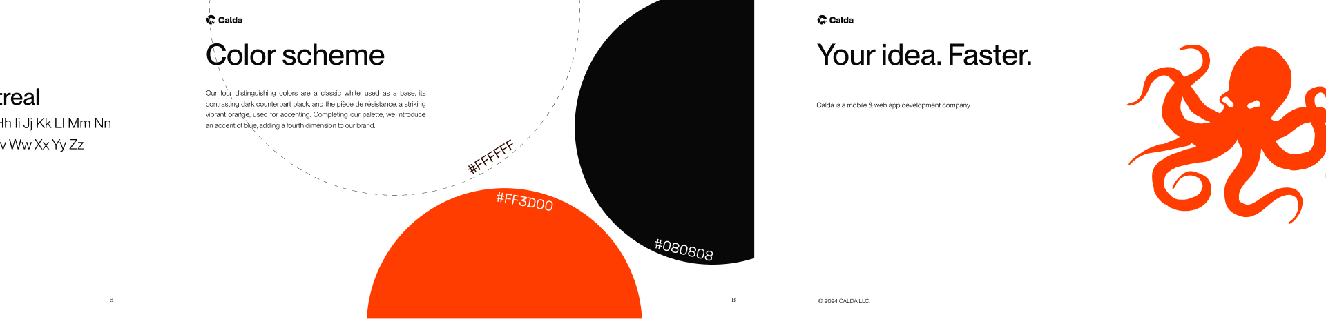 Calda identity guidelines showing the color scheme and orange octopus illustration