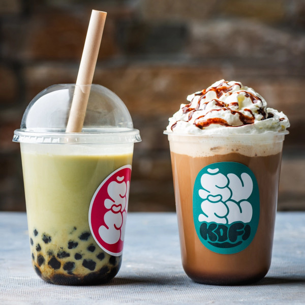 Two branded bubble tea drinks