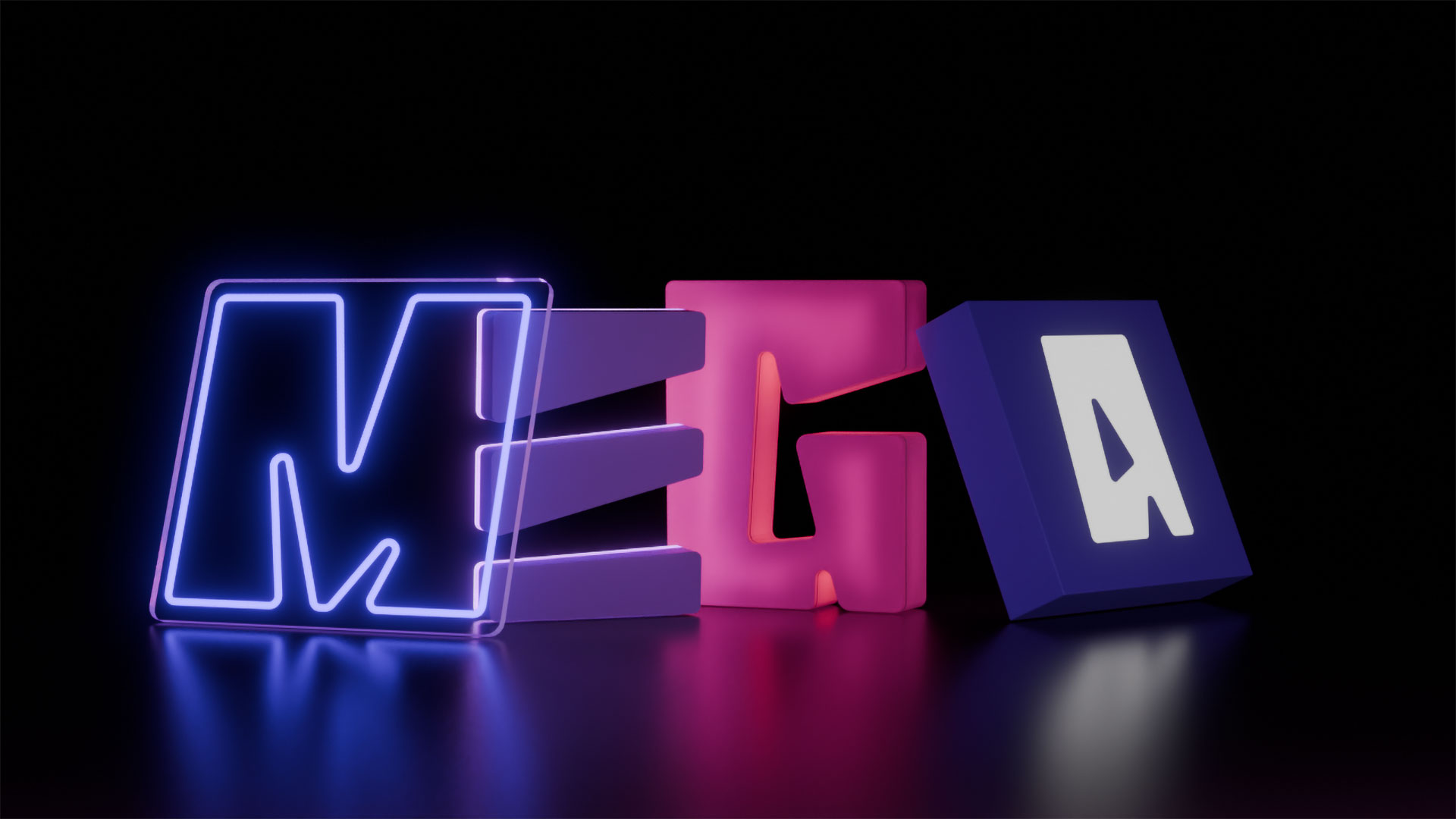 Dimensional MEGA lettering in pink, purple and blue