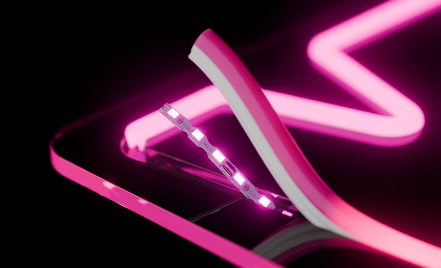 Pink neon 3D ribbon against a black background