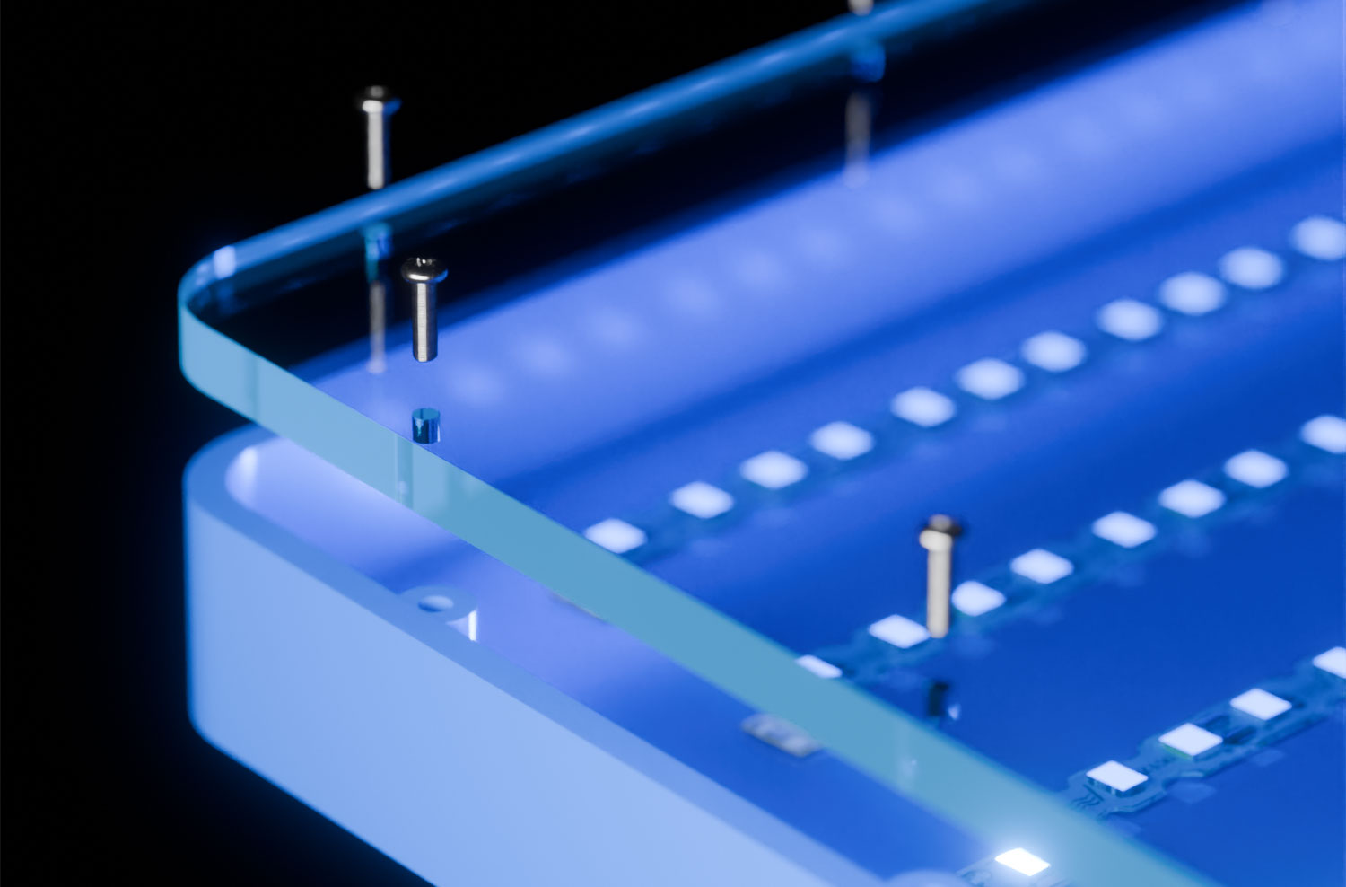Blue illuminated 3D object with mechanical details