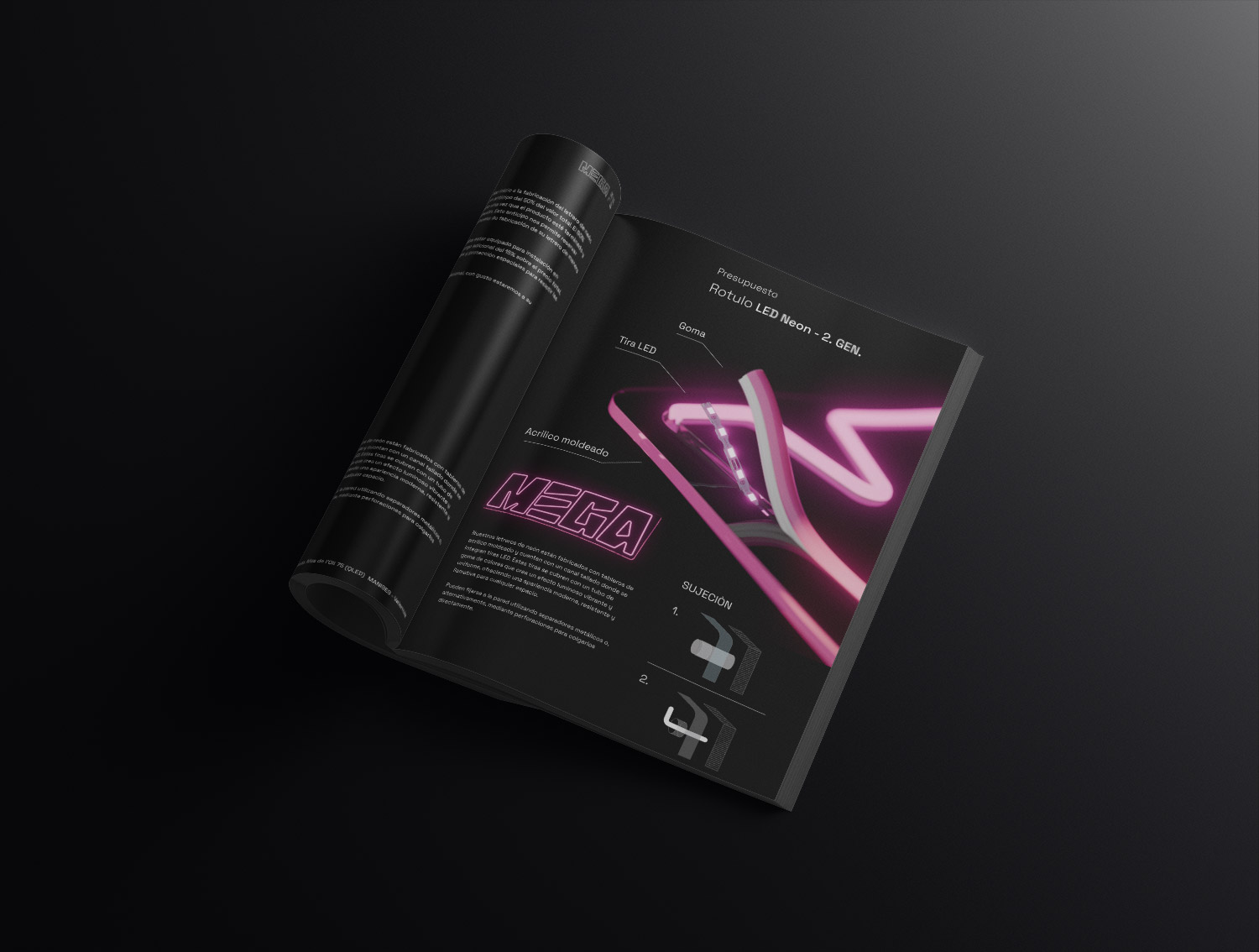Open black MEGA magazine showing a pink neon signage proposal