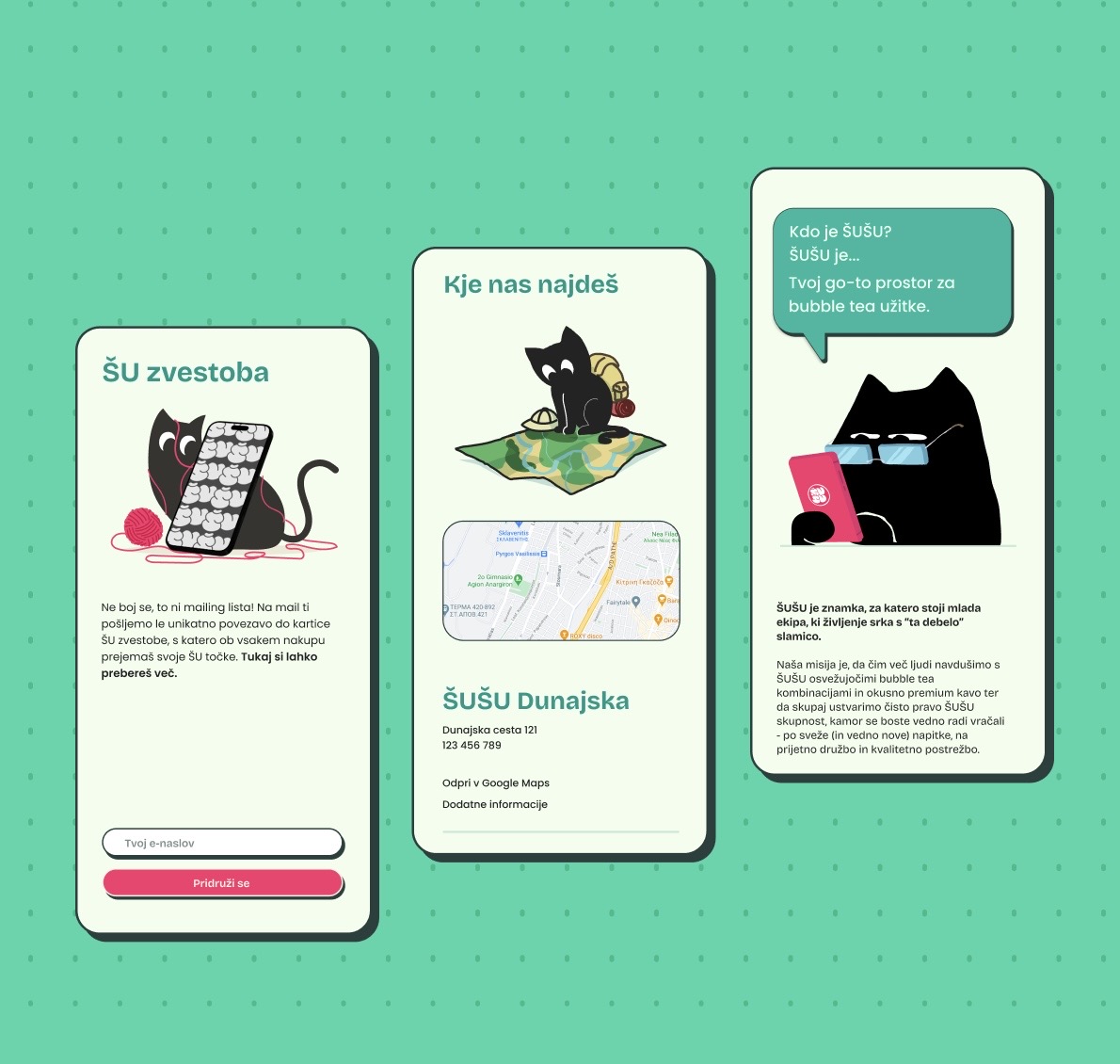 Šušu website screens with playful illustrations